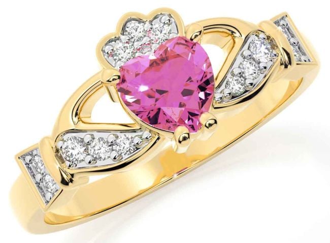 Diamond Pink Tourmaline Gold Silver Claddagh Ring