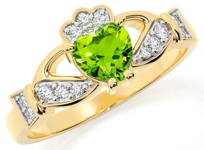 Diamond Peridot Gold Silver Claddagh Ring