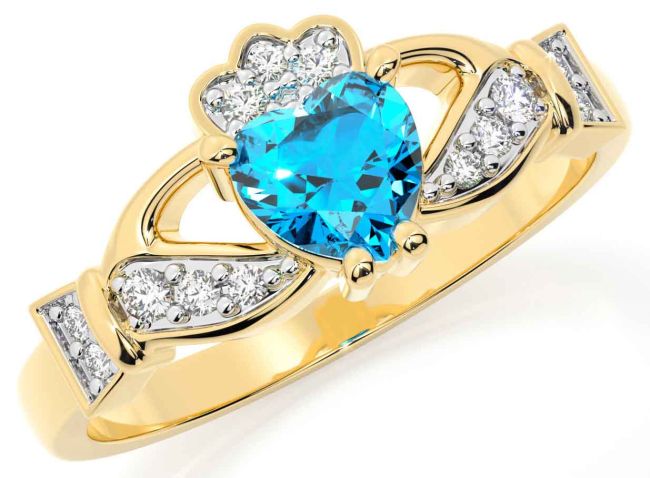 Diamond Topaz Gold Silver Claddagh Ring