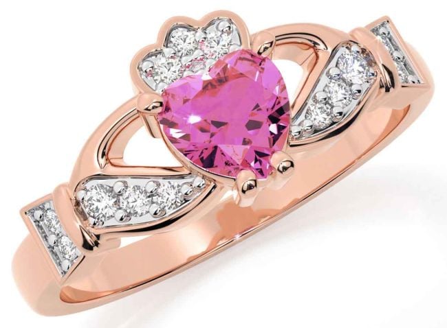 Diamond Pink Tourmaline Rose Gold Claddagh Ring