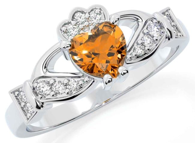 Diamond Citrine Silver Claddagh Ring