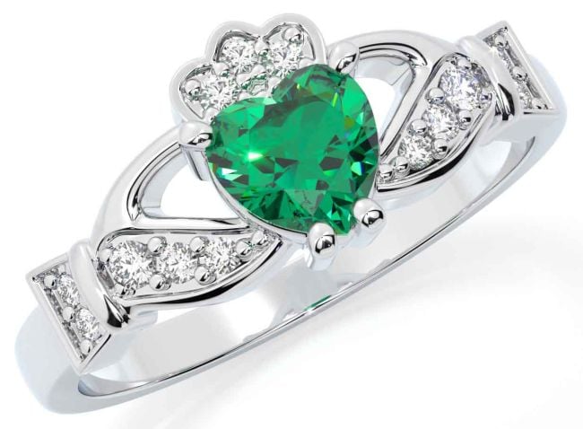 Diamond Emerald White Gold Claddagh Ring