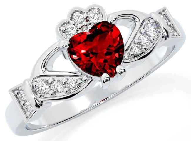 Diamond Garnet White Gold Claddagh Ring