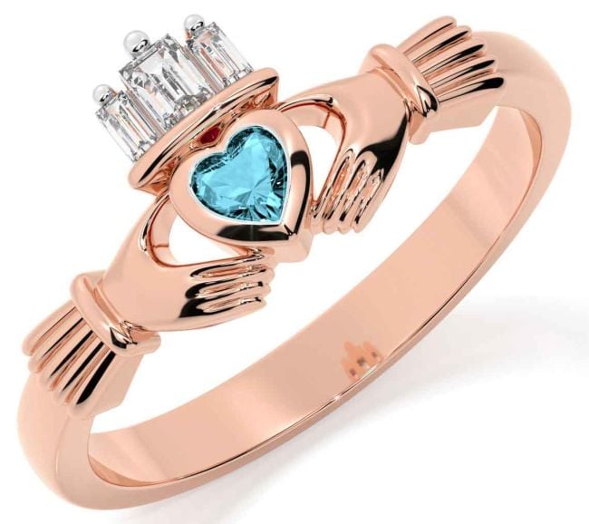 Diamond Aquamarine Rose Gold Silver Claddagh Ring