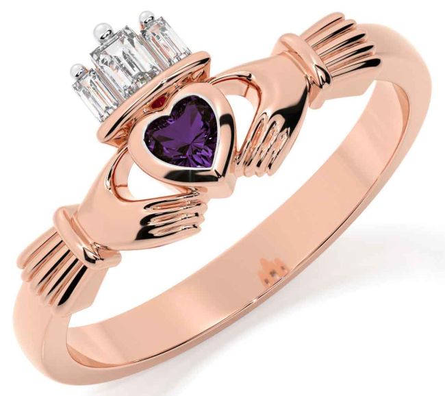 Diamond Alexandrite Rose Gold Silver Claddagh Ring