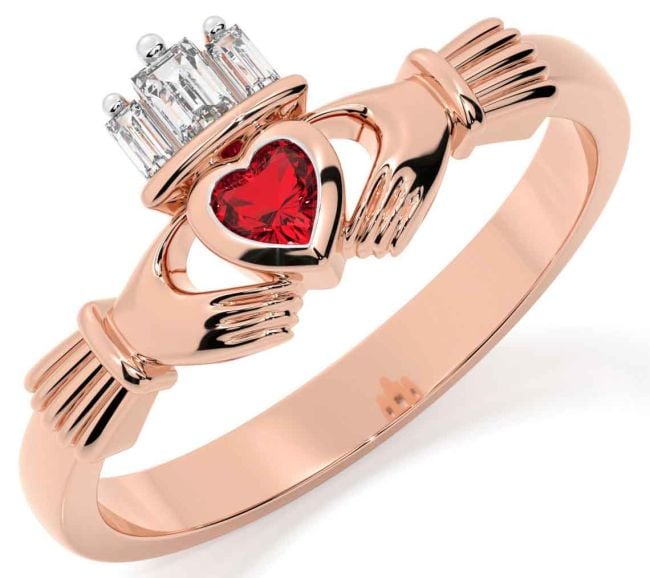 Diamond Ruby Rose Gold Silver Claddagh Ring