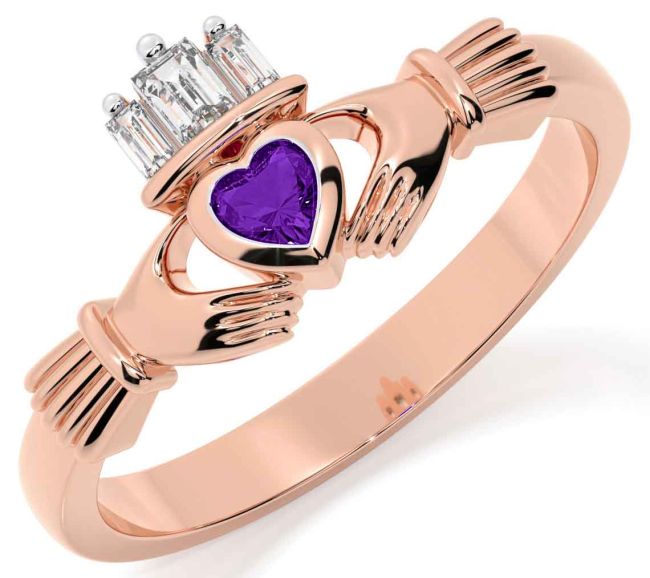 Diamond Amethyst Rose Gold Claddagh Ring