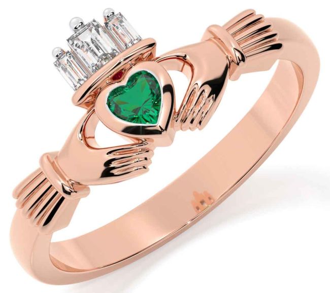 Diamant émeraude Rose Or Claddagh Anneau