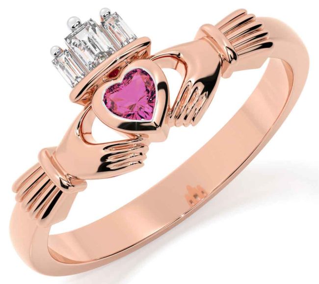 Diamond Pink Tourmaline Rose Gold Claddagh Ring