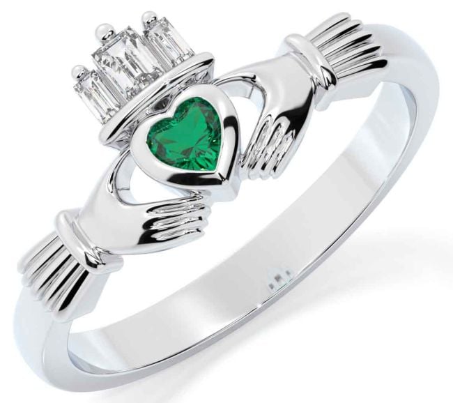 Diamond Emerald Silver Claddagh Ring