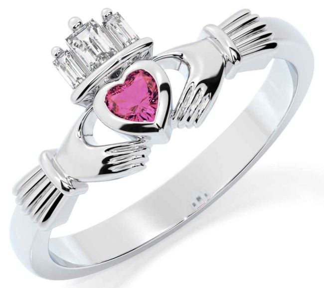 Diamond Pink Tourmaline White Gold Claddagh Ring