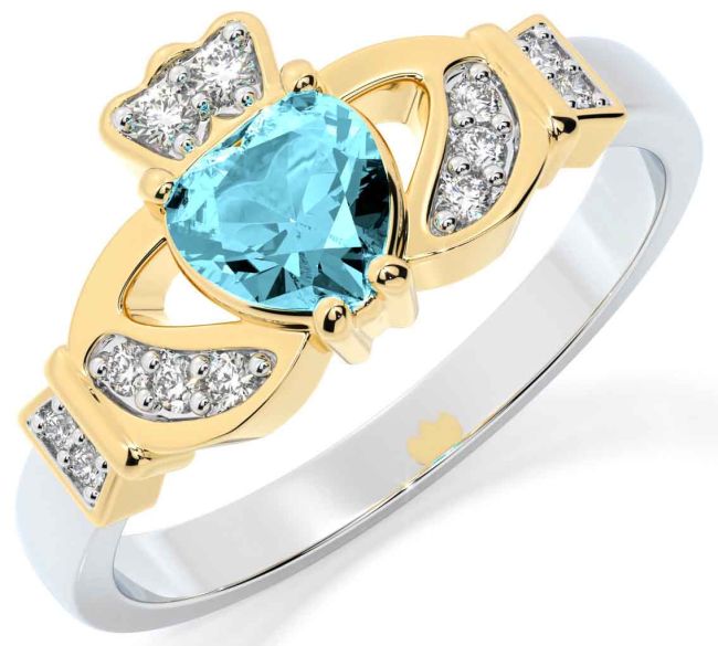 Diamond Aquamarine Gold Silver Claddagh Ring