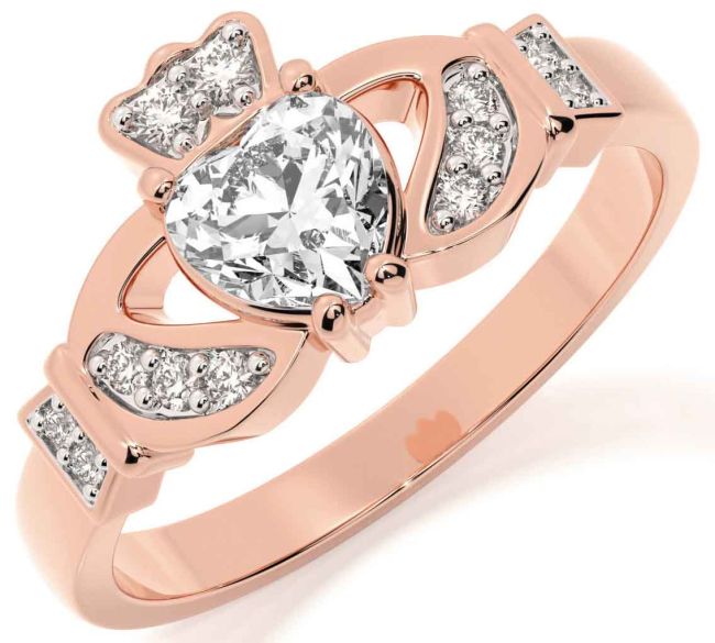 Diamond Rose Gold Silver Claddagh Ring