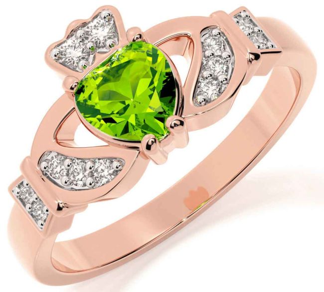 Diamond Peridot Rose Gold Silver Claddagh Ring