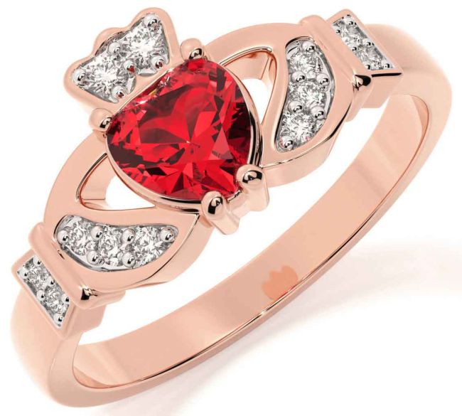 Diamond Ruby Rose Gold Silver Claddagh Ring