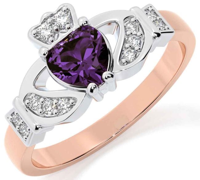 Diamond Alexandrite Rose Gold Silver Claddagh Ring