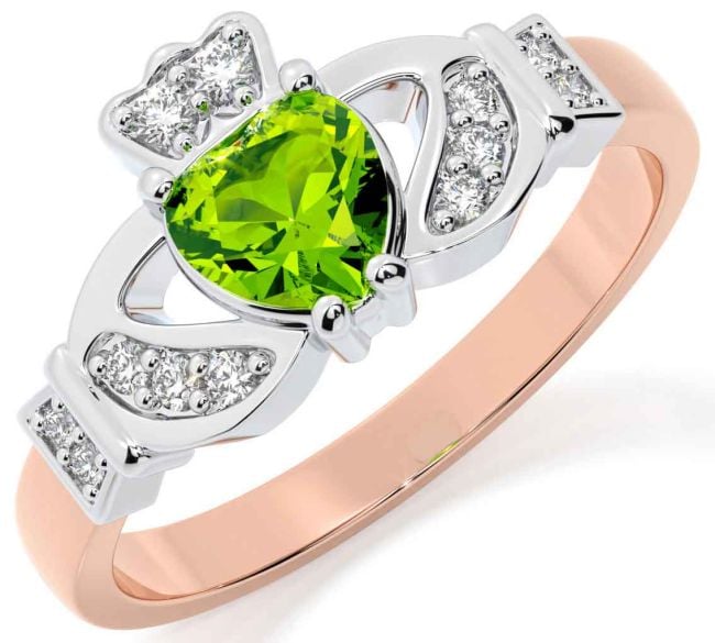 Diamond Peridot Rose Gold Silver Claddagh Ring