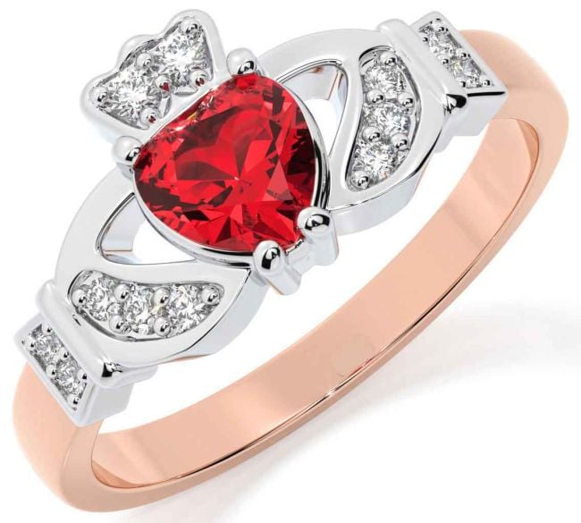 Diamond Ruby Rose Gold Silver Claddagh Ring