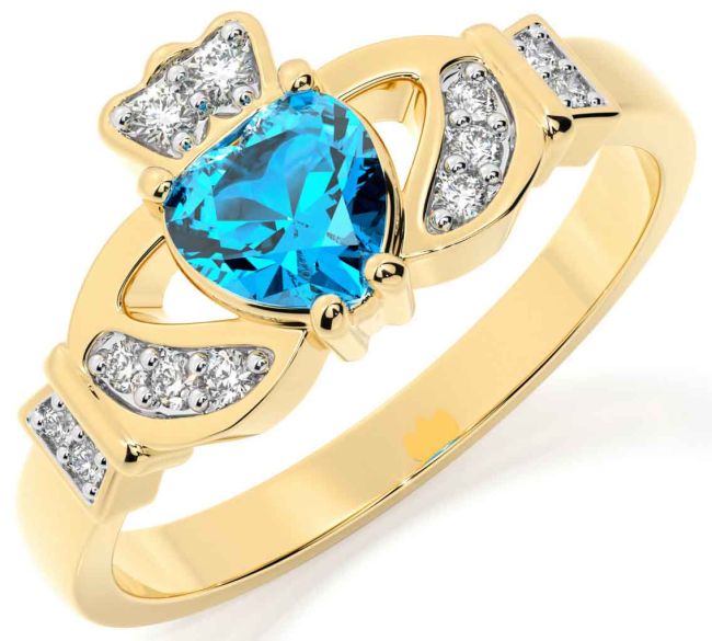 Diamond Topaz Gold Silver Claddagh Ring