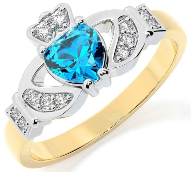 Diamond Topaz Gold Silver Claddagh Ring