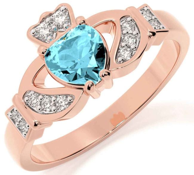 Diamond Aquamarine Rose Gold Claddagh Ring