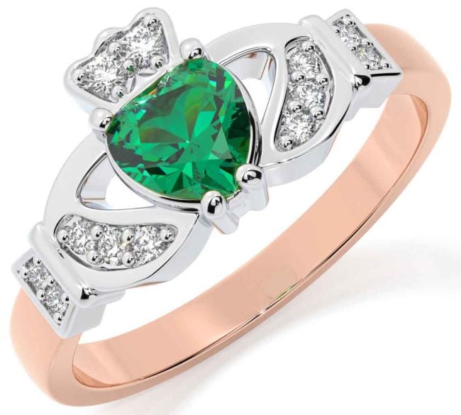 Diamond Emerald White Rose Gold Claddagh Ring