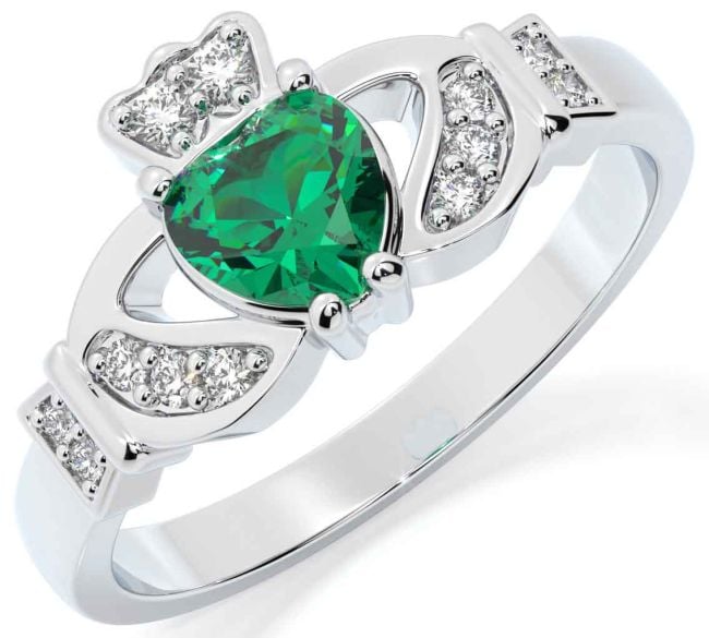 Diamond Emerald Silver Claddagh Ring