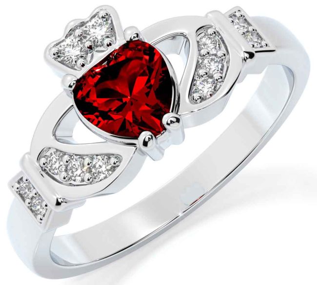 Diamond Garnet Silver Claddagh Ring