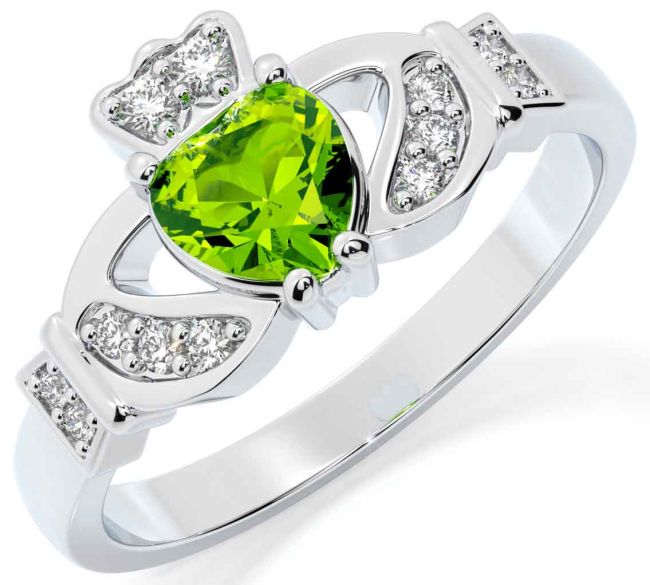 Diamond Peridot Silver Claddagh Ring