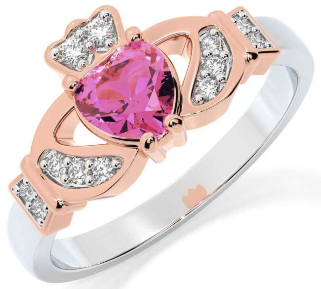 Diamond Pink Tourmaline Rose Gold Silver Claddagh Ring