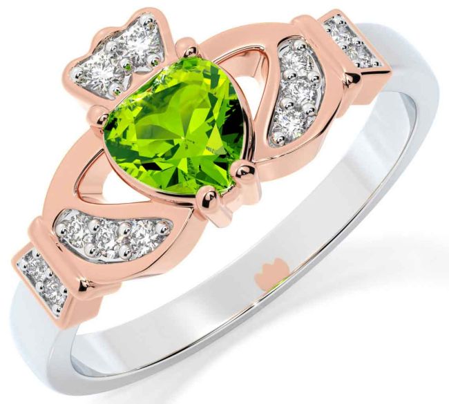 Diamond Peridot Rose Gold Silver Claddagh Ring