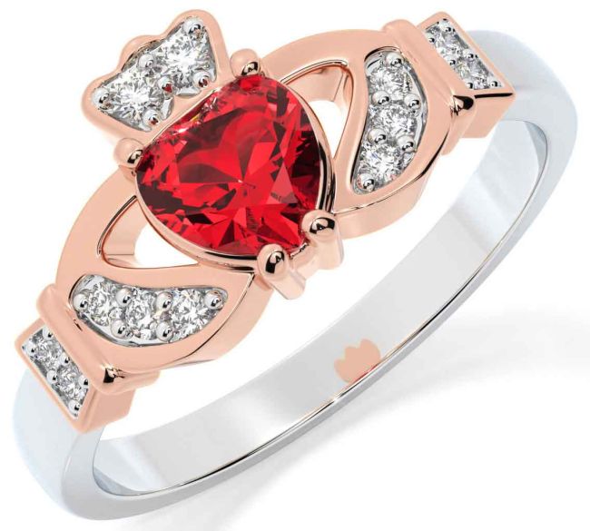 Diamond Ruby Rose Gold Silver Claddagh Ring