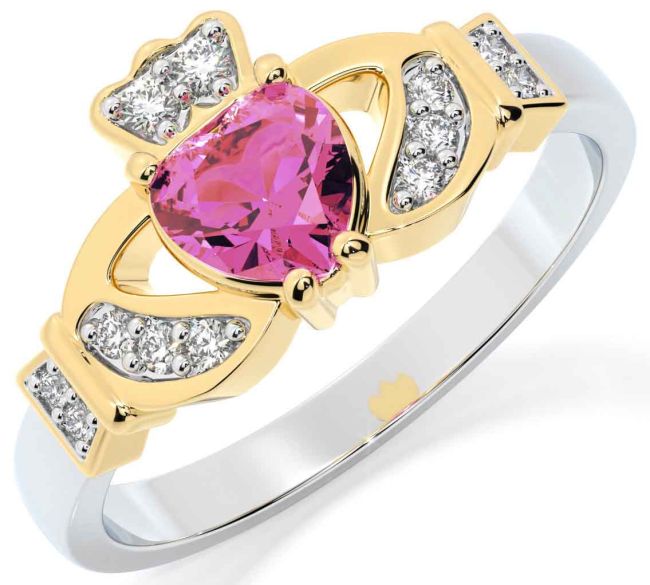 Diamond Pink Tourmaline White Yellow Gold Claddagh Ring