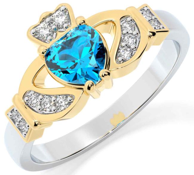 Diamond Topaz White Yellow Gold Claddagh Ring