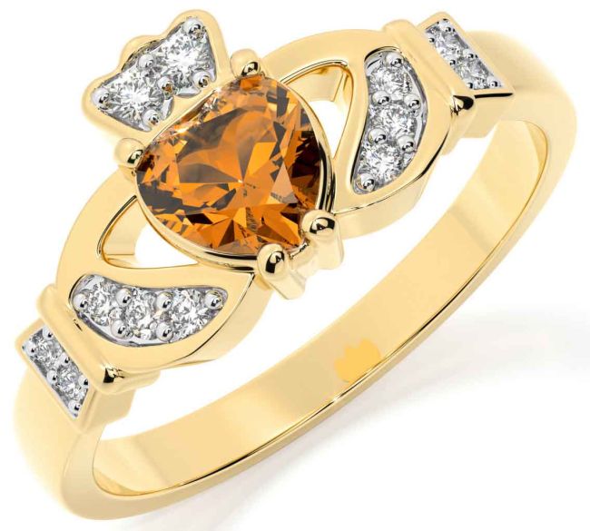 Diamond Citrine Gold Claddagh Ring