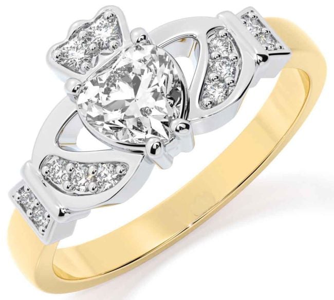 Diamond White Yellow Gold Claddagh Ring