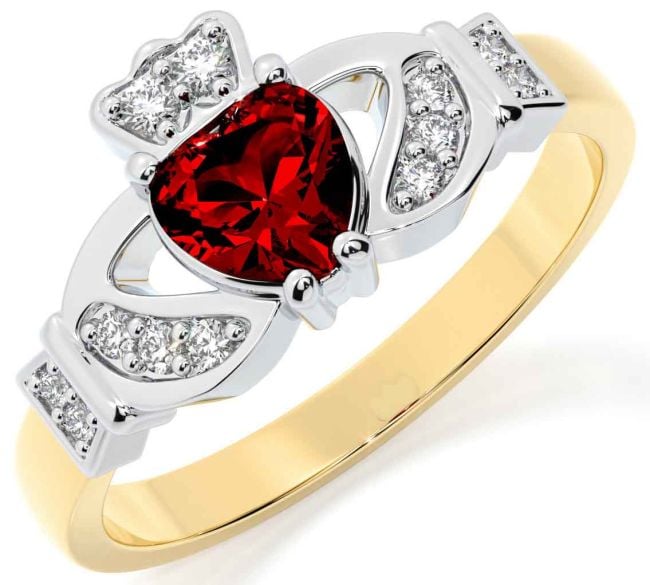 Diamond Garnet White Yellow Gold Claddagh Ring