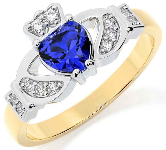 Diamond Sapphire White Yellow Gold Claddagh Ring