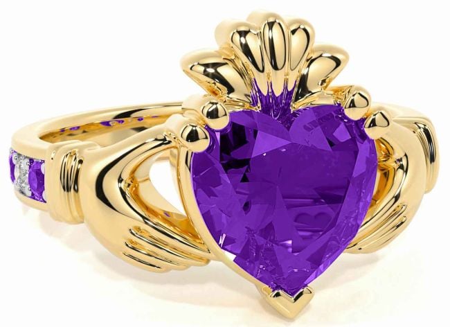 Diamond Amethyst Gold Silver Claddagh Ring