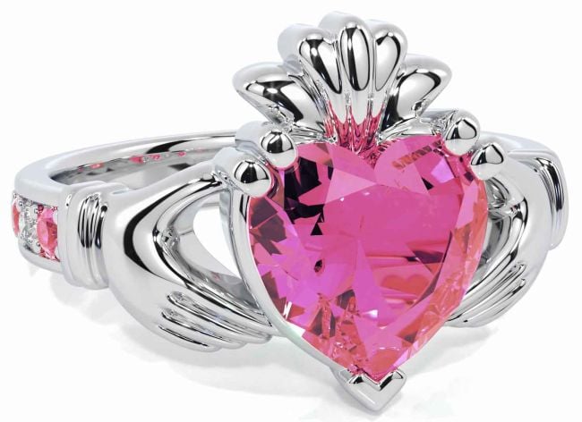 Diamond Pink Tourmaline White Gold Claddagh Ring