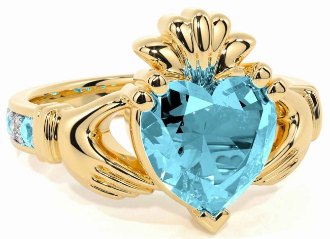 Diamond Aquamarine Gold Claddagh Ring