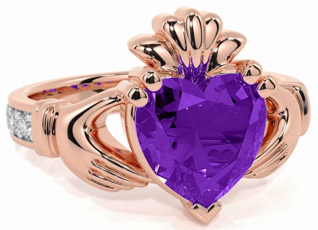 Diamond Amethyst Rose Gold Silver Claddagh Ring