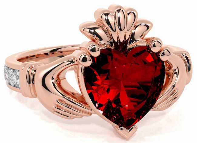 Diamond Garnet Rose Gold Claddagh Ring