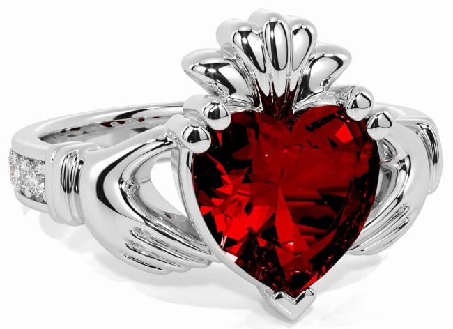 Diamond Garnet Silver Claddagh Ring
