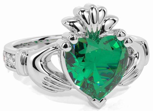 Diamond Emerald White Gold Claddagh Ring