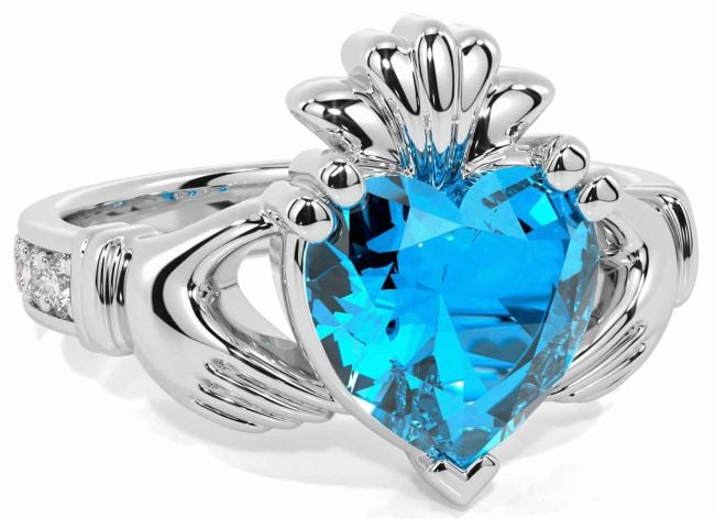 Diamond Topaz White Gold Claddagh Ring