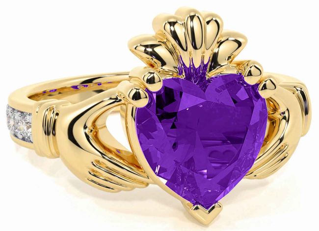 Diamond Amethyst Gold Claddagh Ring