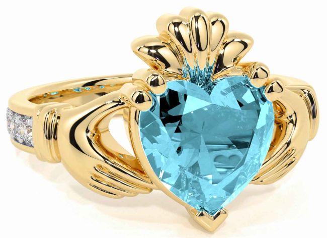 Diamond Aquamarine Gold Claddagh Ring