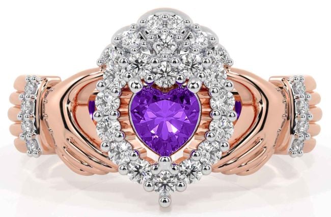 Diamond Amethyst Rose Gold Silver Claddagh Ring