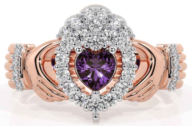 Diamond Alexandrite Rose Gold Silver Claddagh Ring